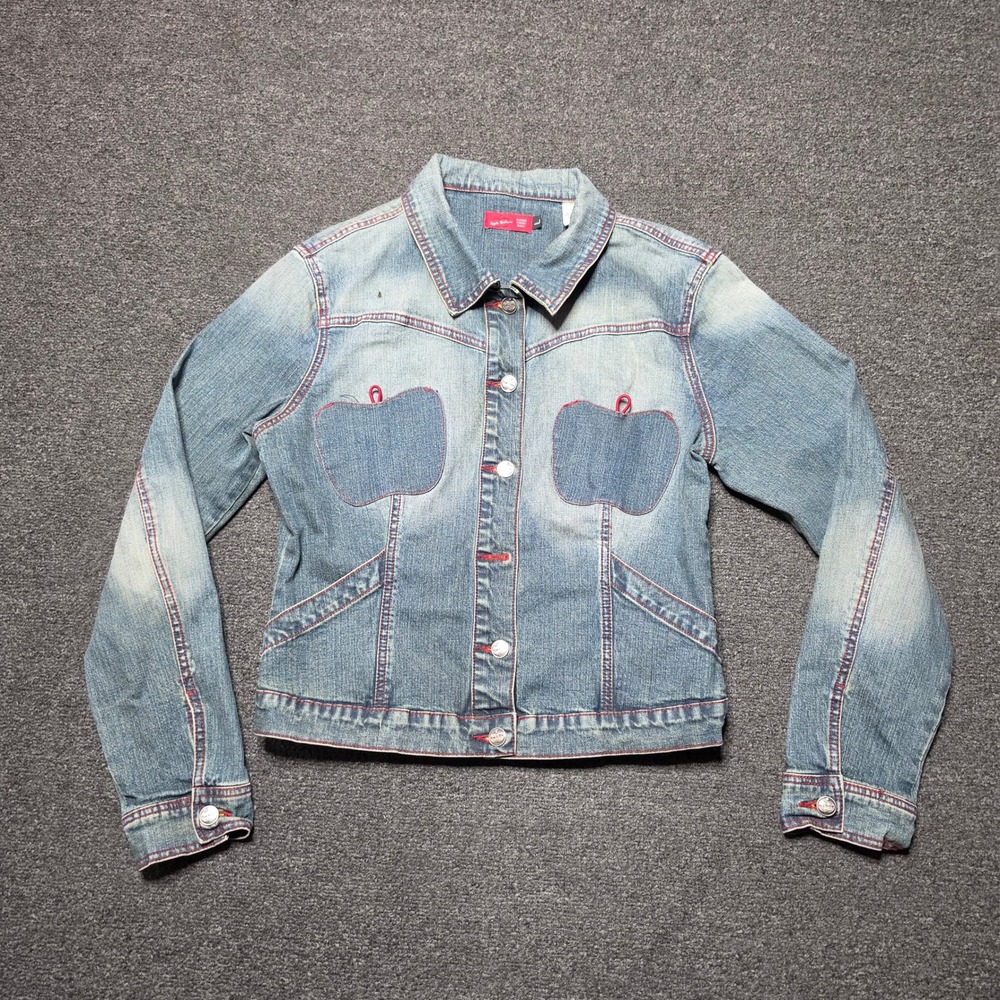 Apple Bottoms Denim Jacket Blue Womens Large Red Contrast Stitch Apple Pockets